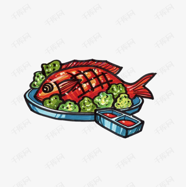 盘子里的红烧鱼的素材免抠红烧鱼卡通手绘食物矢量图装饰