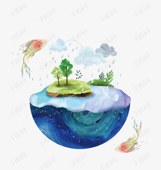蓝色立体创意地球生态插画的素材免抠地球环保生态海洋鱼保护环境