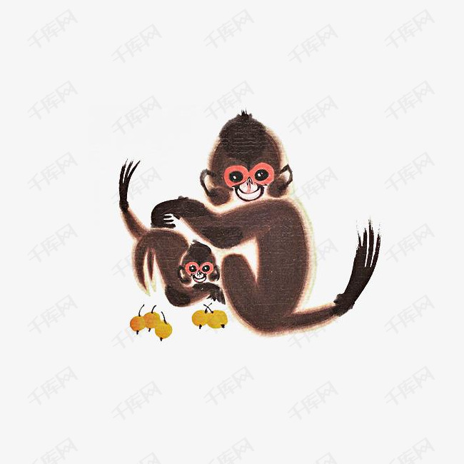 中国风水墨画猴妈妈和猴宝宝免抠素材图片免费