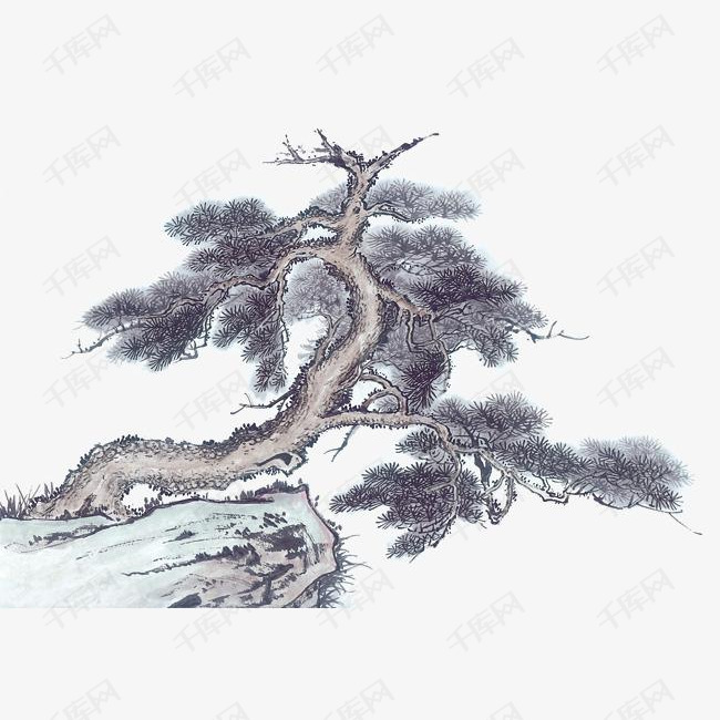 水彩松树的素材免抠卡通手绘水彩松树水墨中国风