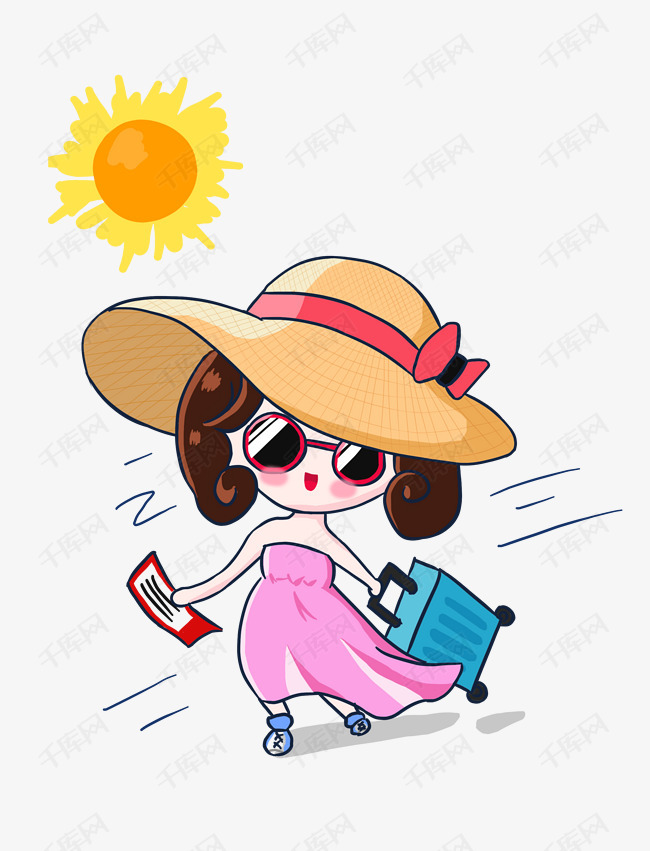 手绘旅行草帽时尚女孩