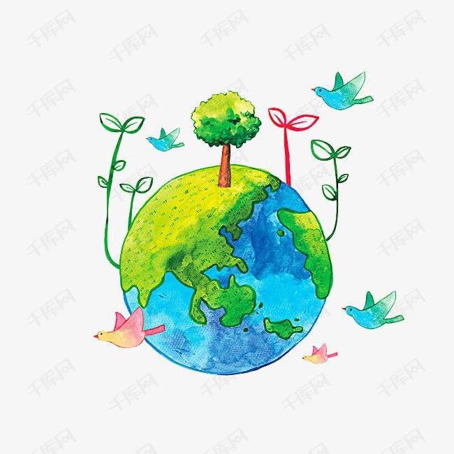 绿色的地球的素材免抠卡通简笔绿色的地球小鸟大树
