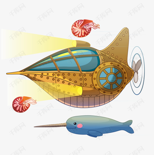 卡通潜水艇的素材免抠潜水艇卡通手绘彩色海底动物海底世界