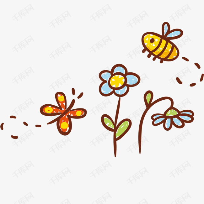 卡通春天的花卉和昆虫的素材免抠花卉植物小花手绘水彩蝴蝶蜜蜂