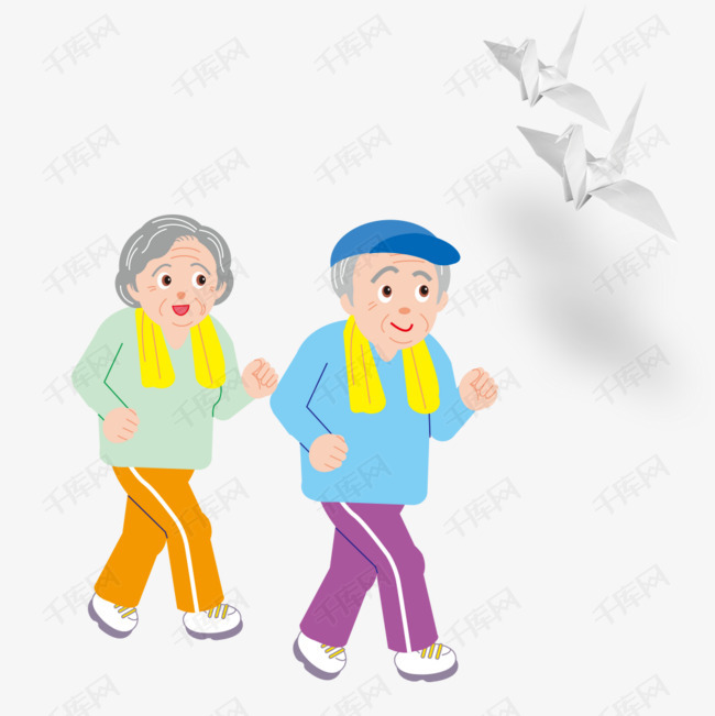 晨跑的老年夫妇卡通手绘的素材免抠卡通手绘晨跑锻炼老年人老人健身