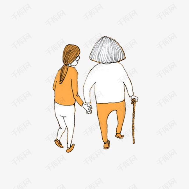 手绘陪伴老人插画素材