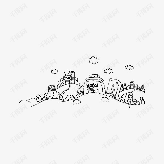 简笔城市的素材免抠简笔素描黑白城市简笔画卡通手绘