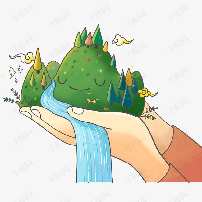 手绘装饰青山绿水插画素材