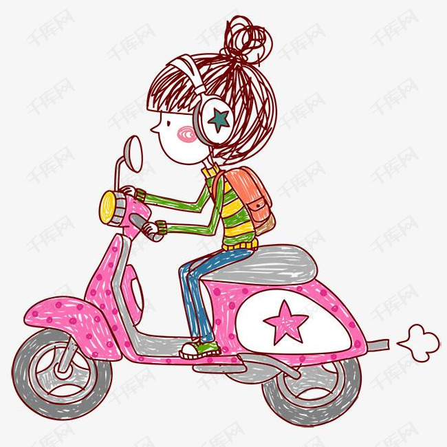 卡通女孩戴着耳机骑电瓶车