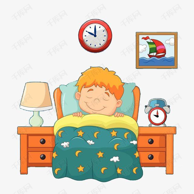 一个按时睡觉的小男孩的素材免抠闭眼睛钟表卡通手绘睡觉就寝小男孩