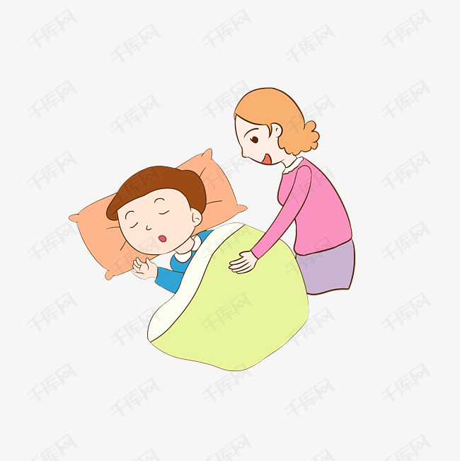 卡通帮睡觉的小孩盖被子的妈妈素材