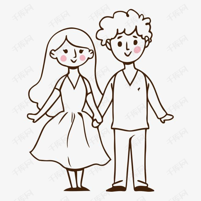 手绘卡通情侣插图黑白线稿手拉手的男孩女孩