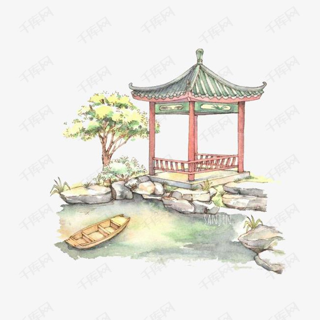 水彩亭子的素材免抠亭子冬天落叶水彩卡通手绘