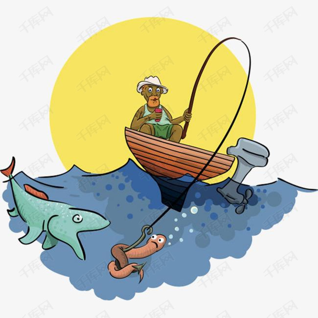 卡通手绘月亮深海渔夫的素材免抠免费下载免扣卡通手绘农民渔夫钓鱼