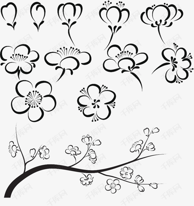 手绘梅花画法分解的素材免抠黑色黄色腊梅梅花花卉树枝花枝