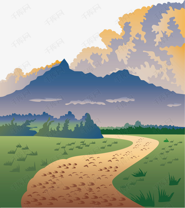 卡通山路稻秧素材