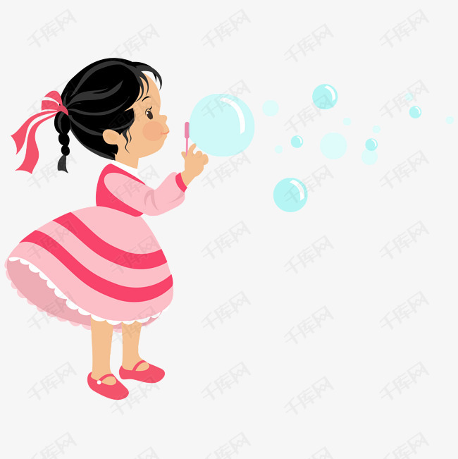 小女孩  正在吹泡泡                                        卡通