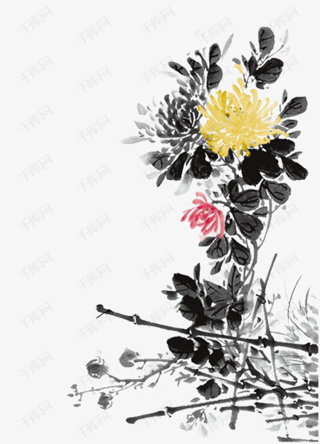 精美菊花水墨中国画免抠素材