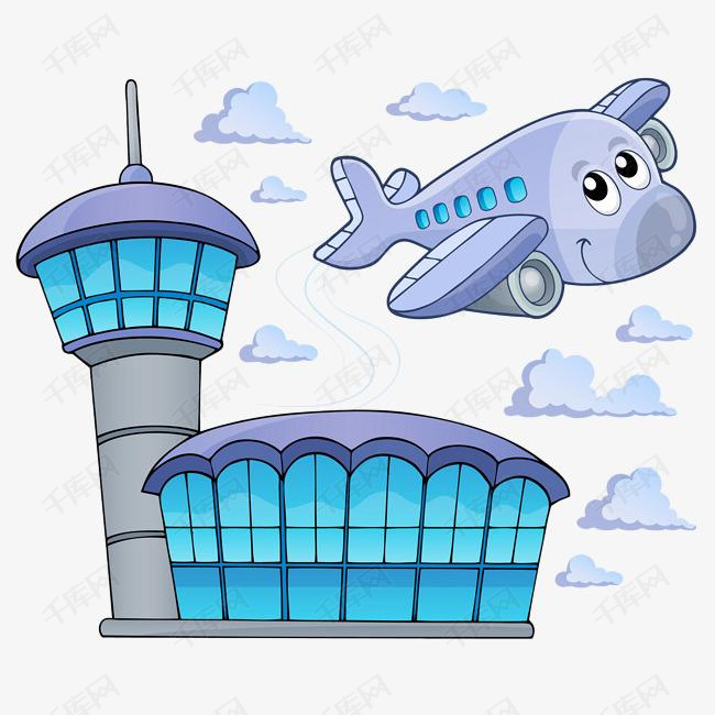 手绘机场指挥塔台的素材免抠指挥塔台机场飞机白云建筑高塔
