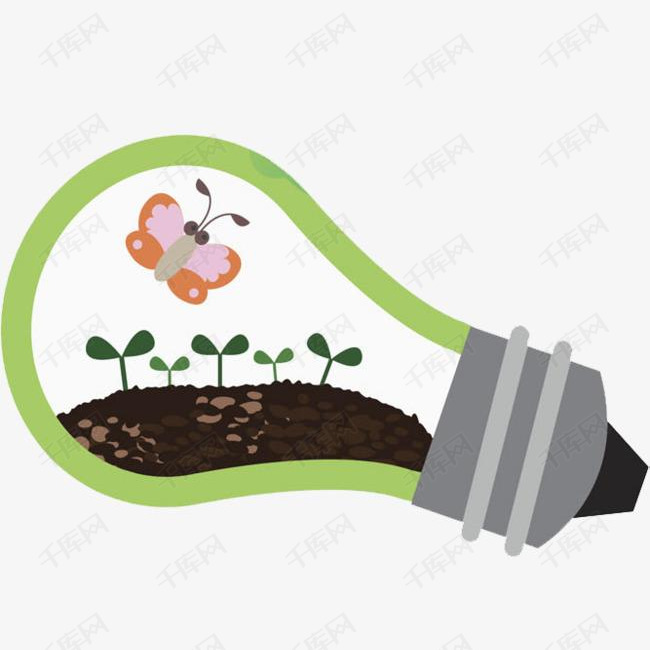 灯泡中的土地的素材免抠绿色灯泡美丽蝴蝶土地卡通手绘发芽