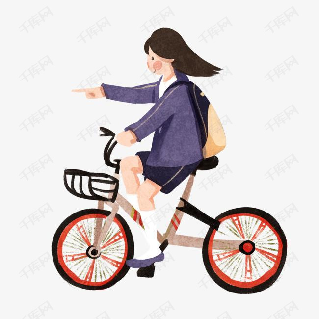 卡通手绘小女孩骑自行车