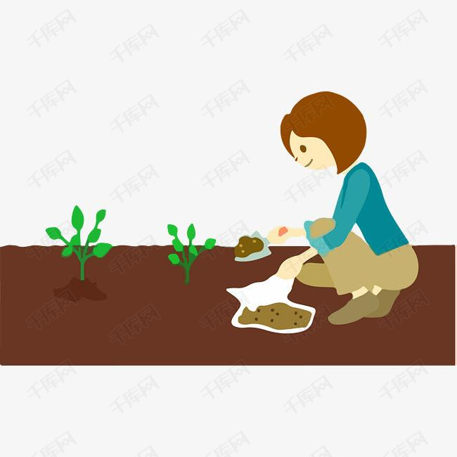 卡通小女孩给植物施撒肥料