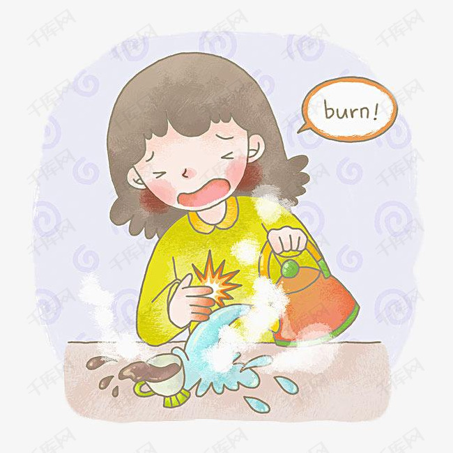不小心烫到手的素材免抠卡通手绘装饰热水水蒸气受伤的手倾倒