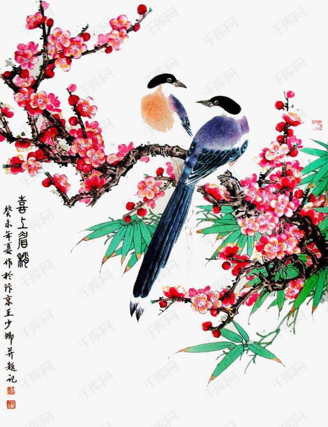 中国风喜鹊的素材免抠中国风喜鹊树枝上的喜鹊花朵免扣梅花文字两只
