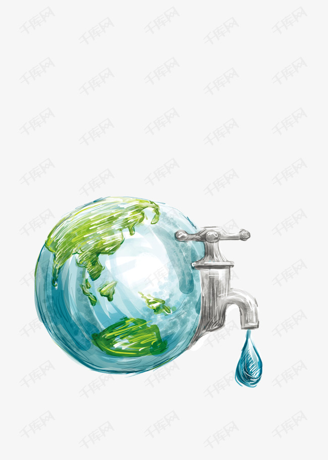 节约用水的素材免抠保护水资源卡通水龙头绿草卡通插画免抠png