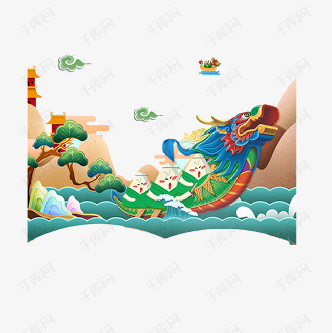 创意蓝色轮船端午节卡通龙舟设计素材