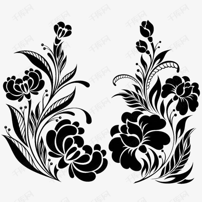 黑色手绘花卉纹样的素材免抠花卉纹样叶子藤蔓黑色花卉线描花矢量图
