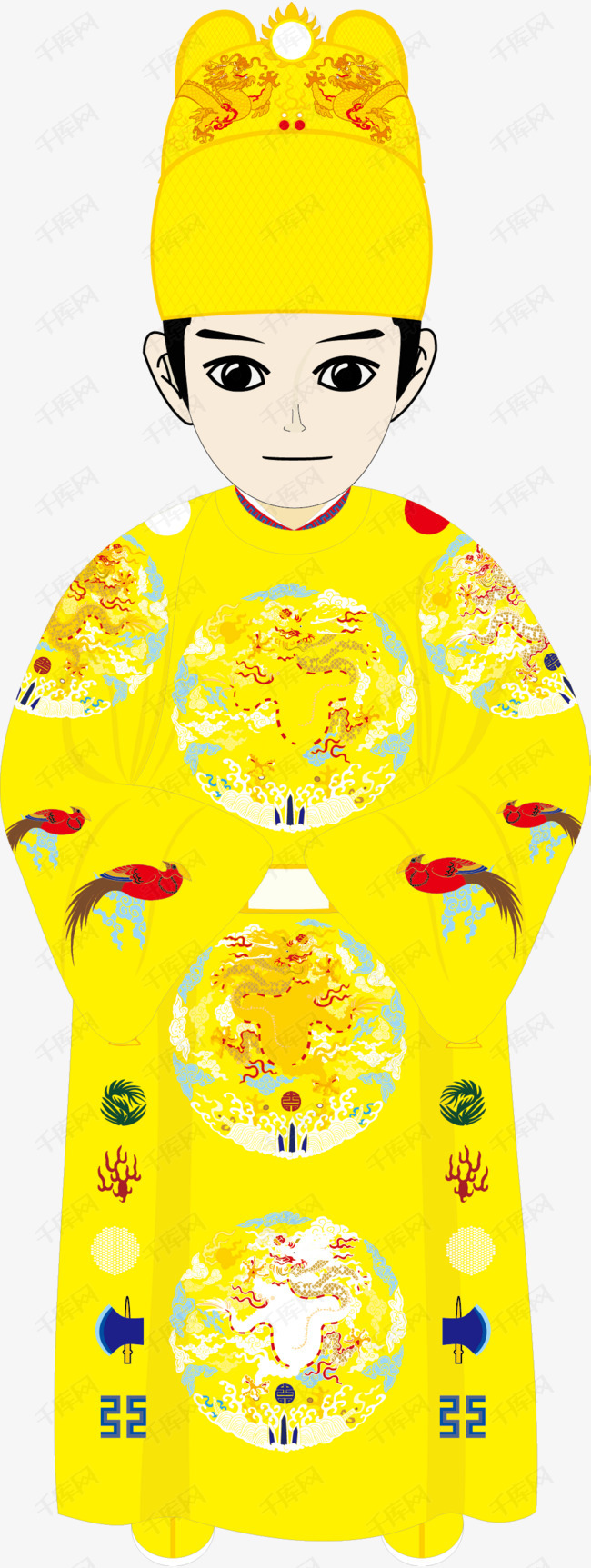 穿金色服装的卡通皇上