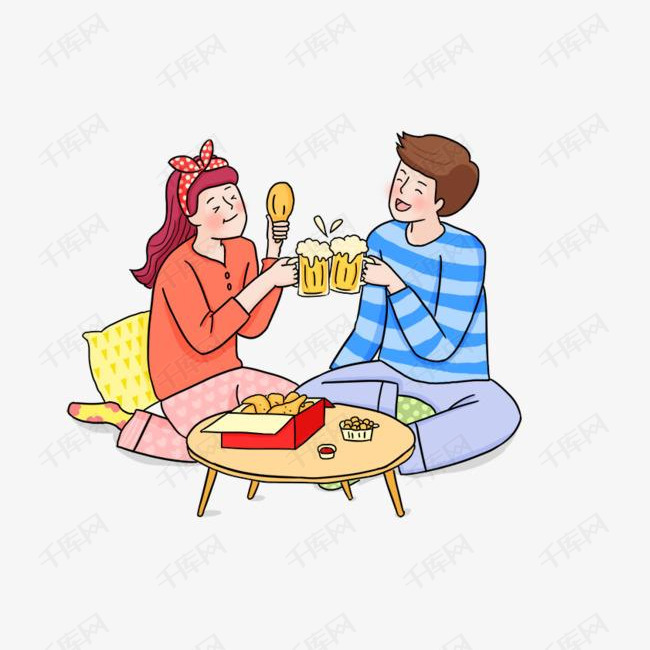 手绘可爱卡通情侣人物插画吃炸鸡喝啤酒