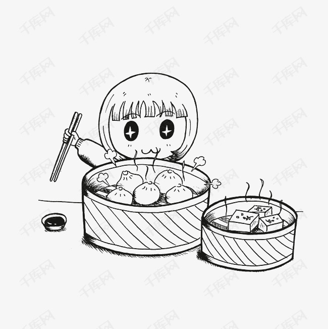 简笔手绘吃早点的女孩素材