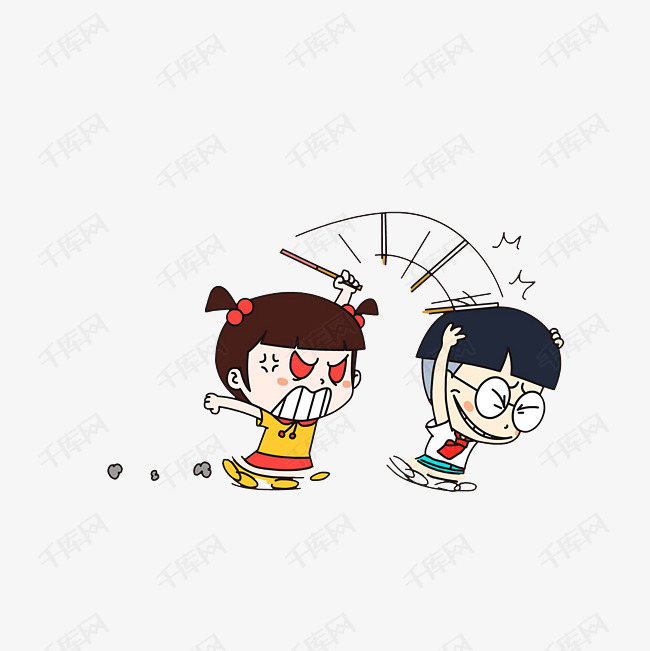 卡通抓着木棍追着打小明的小红素材