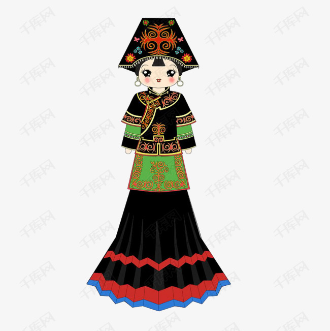 卡通少数民族彝族美女服装插画免抠