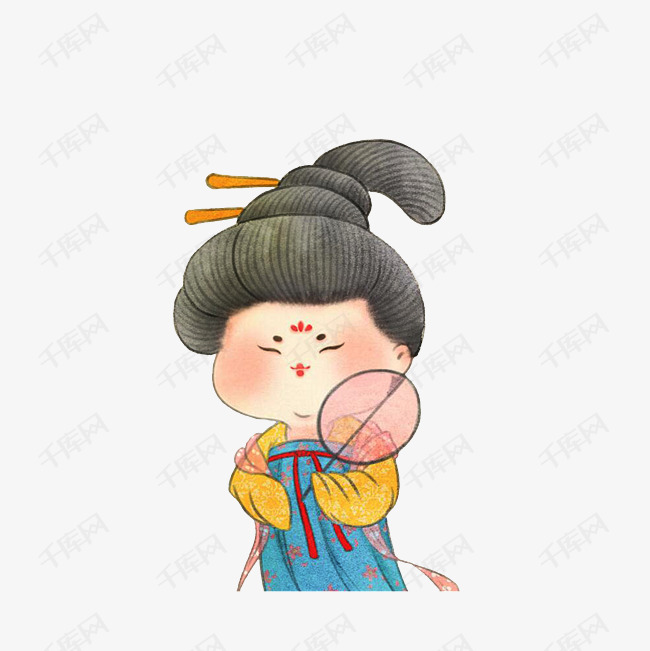 卡通手拿扇子的胖美人素材的素材免抠唐人手拿扇子胖美人古代女子樱桃