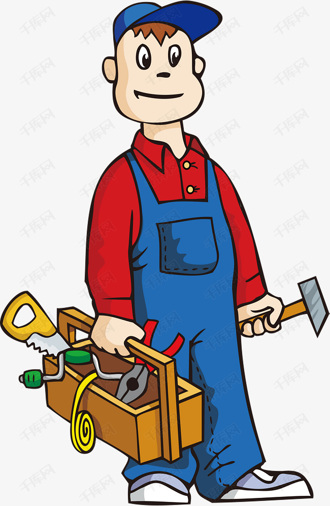 卡通人物工人的素材免抠卡通人物工人蓝色帽子简约铁锤工具箱锯子