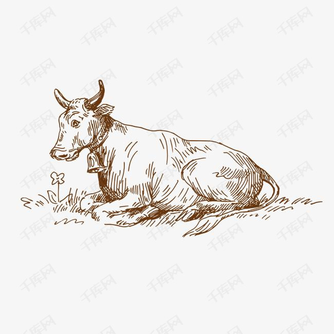 躺在地上的素描公牛的素材免抠公牛素描画动物牛角犄角草丛