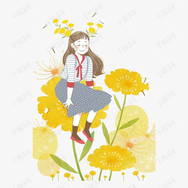 一个坐在花上的小女孩的素材免抠闭眼睛卡通手绘花朵小女孩唯美风享受