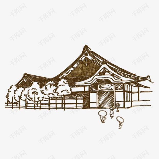 楼房简笔画东京建筑的素材免抠简笔画手绘棕色树木人日式楼房