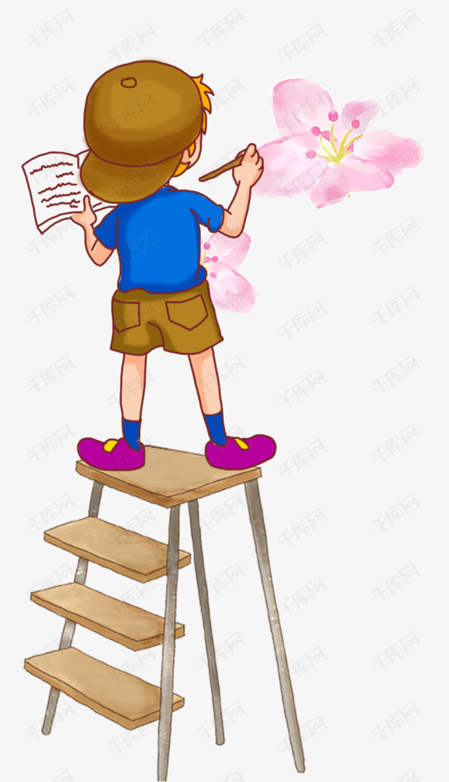 站在梯子上绘画的卡通男孩的素材免抠梯子卡通手绘绘画男孩桃花绘画