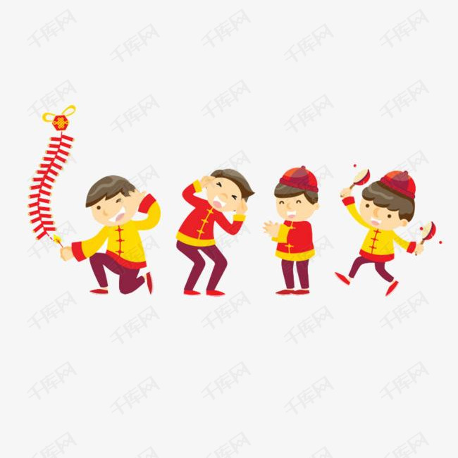 卡通过年放鞭炮的孩子免抠图