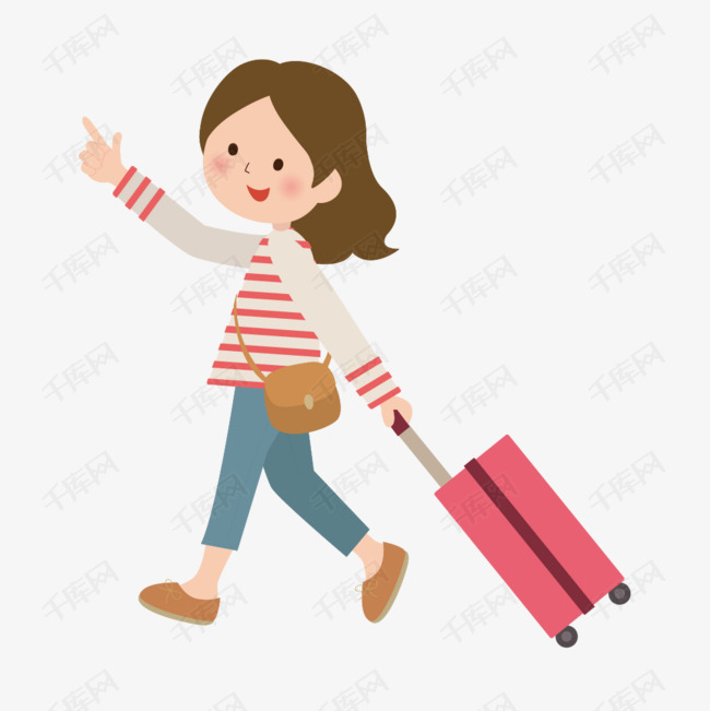 手绘卡通手拖拉杆箱女人的素材免抠拉杆箱行李箱卡通女人旅游出行旅游