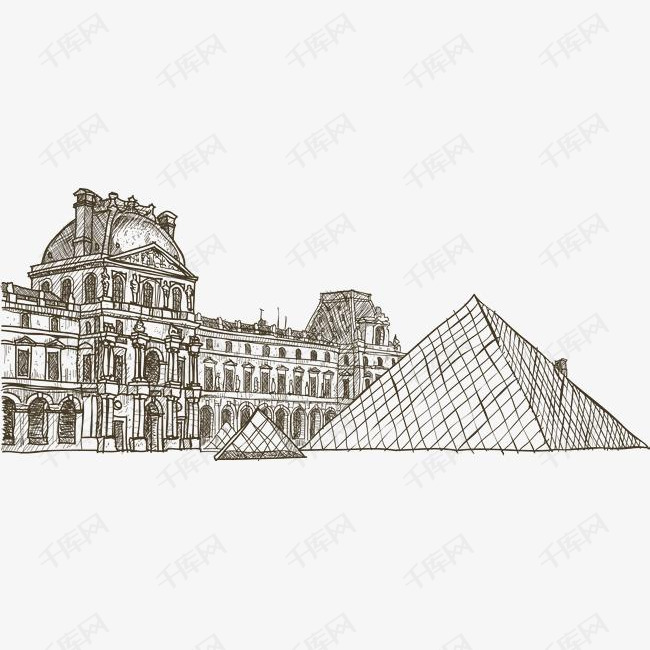 博物馆建筑的素材免抠手绘速写插图钢笔插图卢浮宫博物馆建筑著名建筑