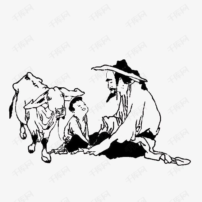 国画插图老人与放牛的小孩的素材免抠国画黑白插图白描老人放牛小孩