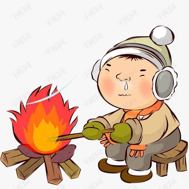 手绘烤火堆的素材免抠火堆烤火手绘木材卡通人物火焰