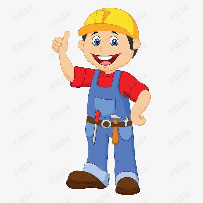 卡通人物戴黄色安全帽的装修工人竖起大拇指插图