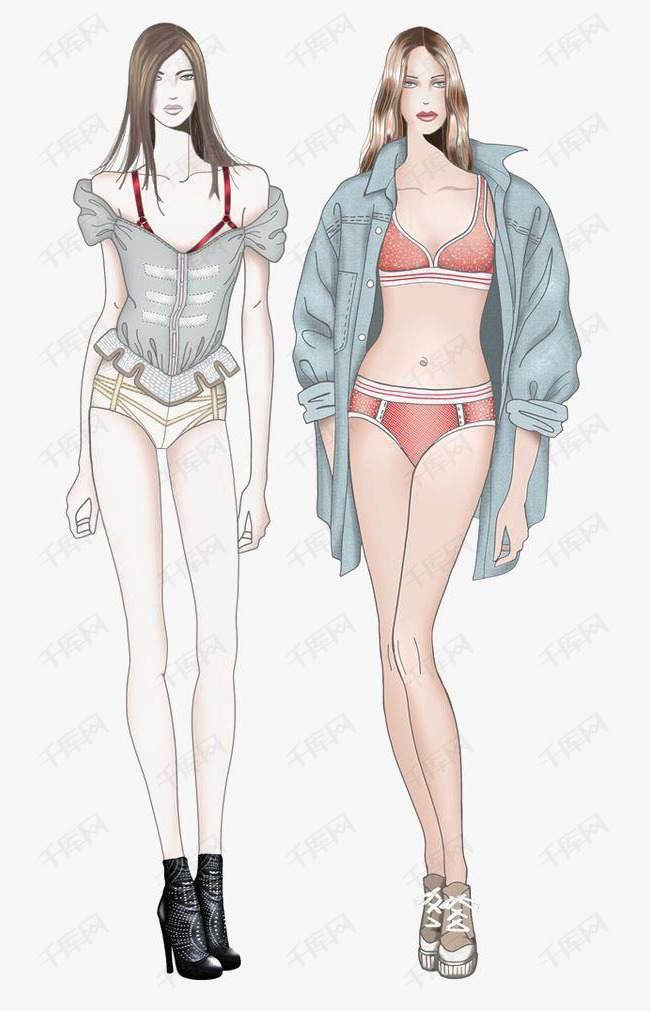 走秀模特的素材免抠时尚模特走秀插画手绘卡通
