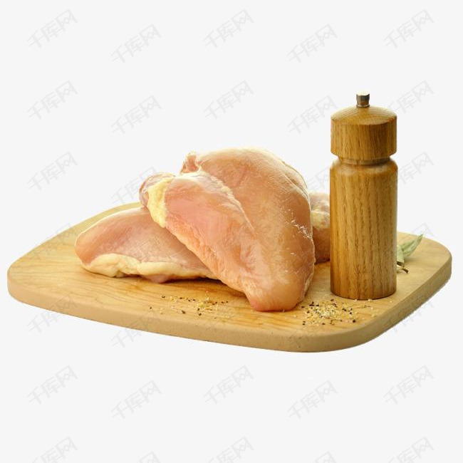 鸡胸肉和切菜板的素材免抠实物鸡胸肉和切菜板鸡脯肉调味品鸡胸肉健康